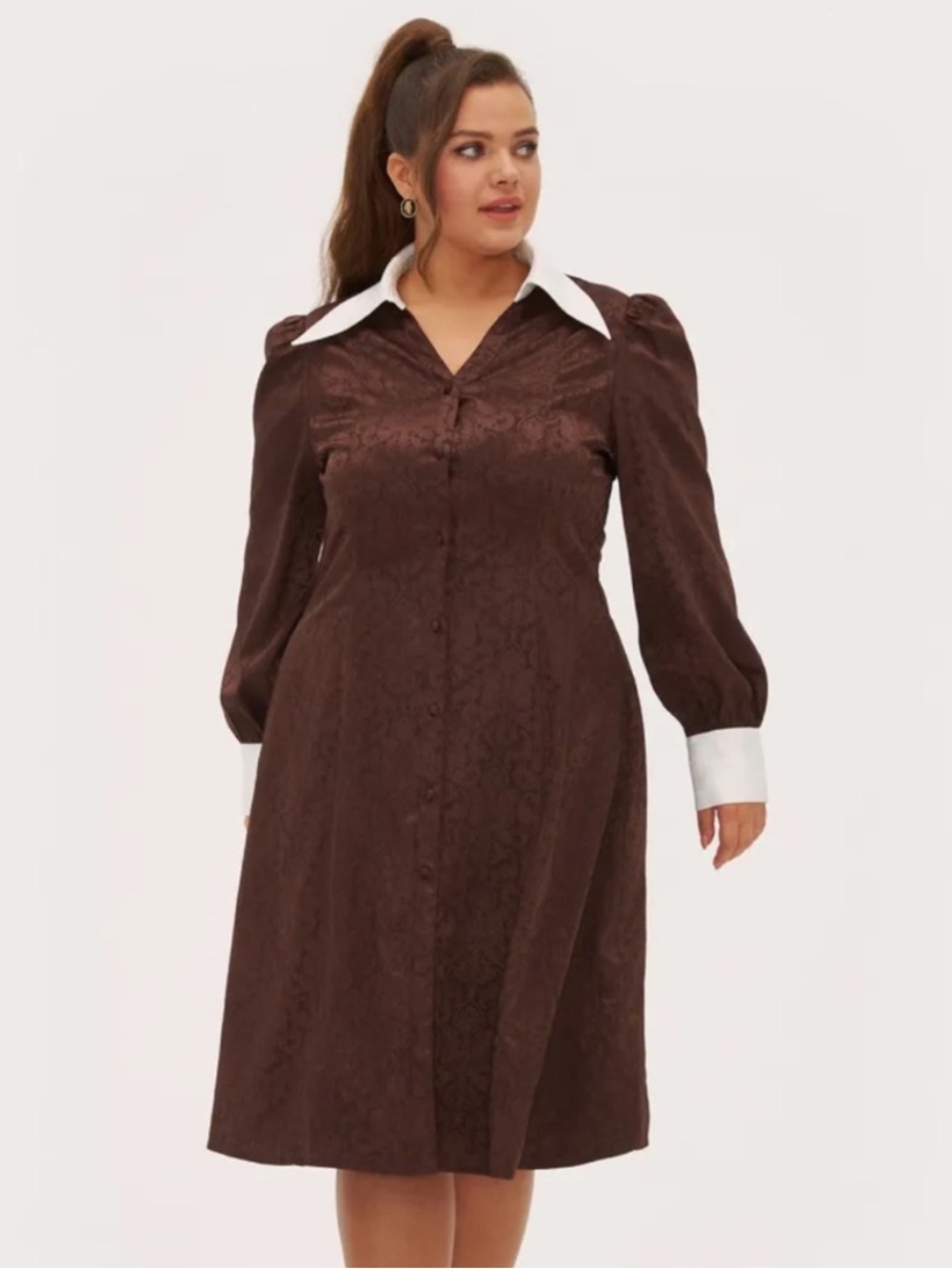 Cider Jacquard Brown Long-Sleeve Plus Size Shirt Dress Contrast Detail Size 2XL